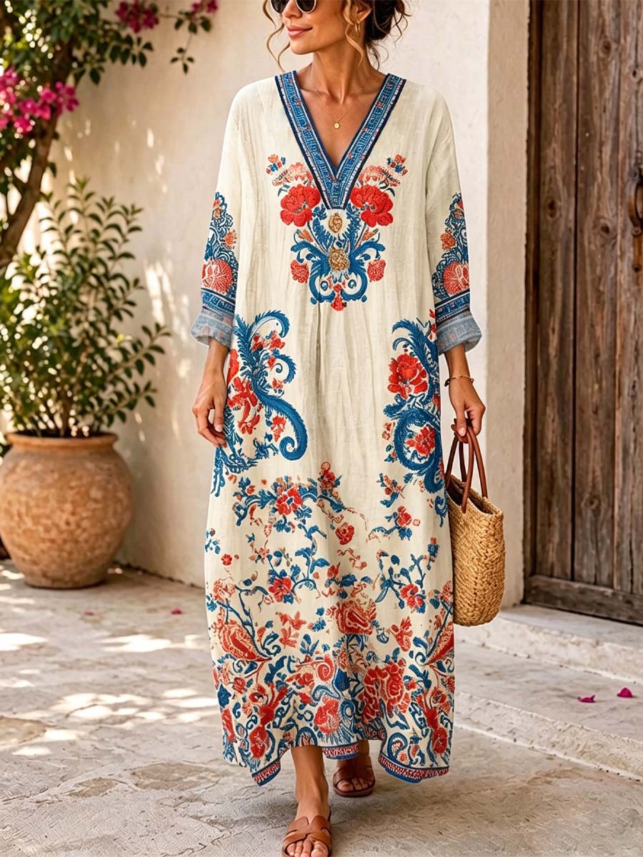 Retro Floral Pattern Art Print Casual V-neck Cotton Linen Maxi Dress