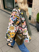 Women Floral Quilted Sherpa Trim Jacket, Lapel Button‑Up Fleece Lined Oversized Winter Coat