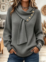 Women's Grey Ribbed Knit Cowl Neck Sweater with Gold Button Asymmetric Placket