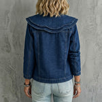 Ruffle Statement Collar Jean Jacket – Chic Button-Down Denim Coat