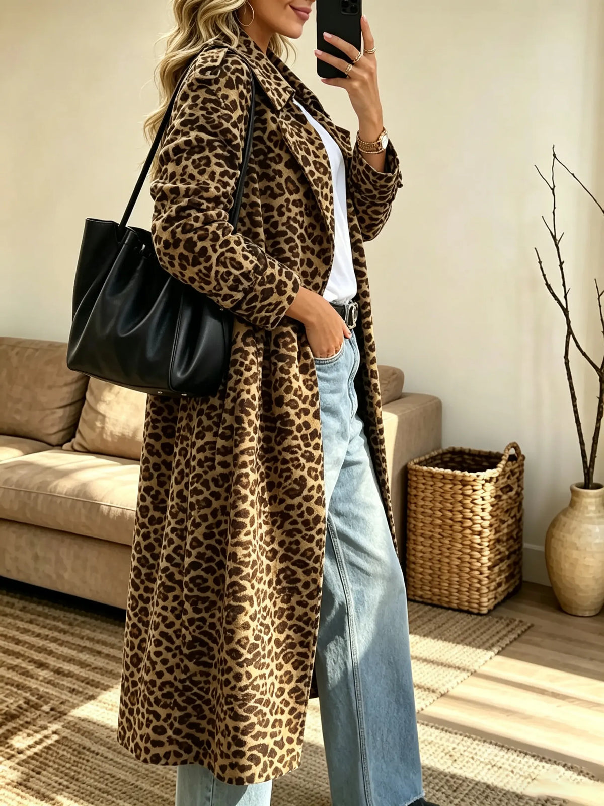 Women's Longline Leopard Print Trench Coat