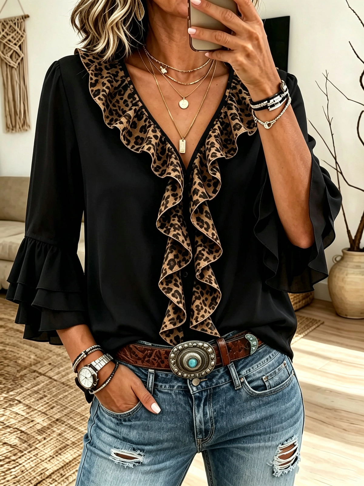 Women's Leopard Ruffle V-Neck Blouse