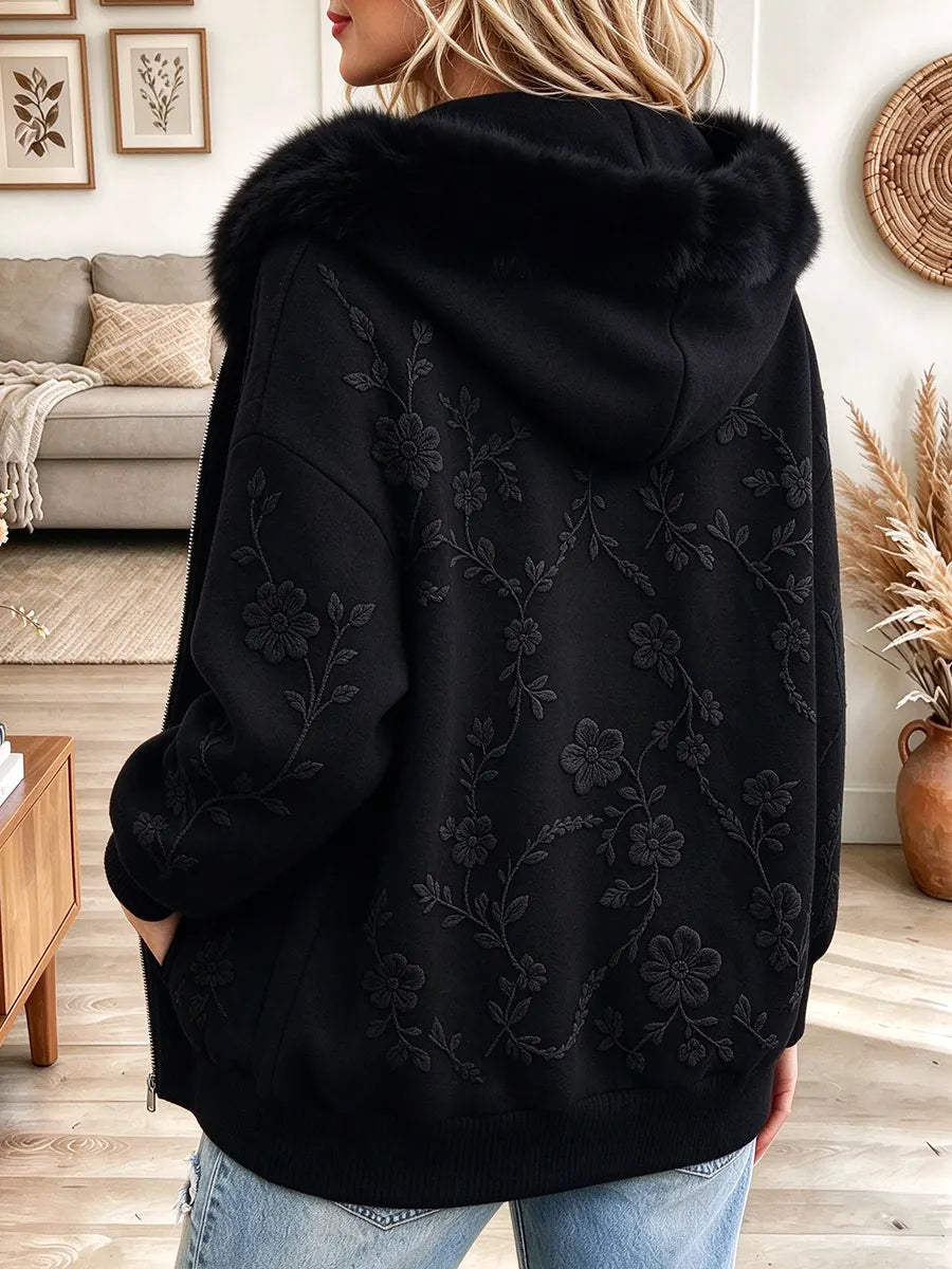 Women's Floral Embroidery Print Hooded Zip Up Long Sleeve Loose Casual Winter Coat