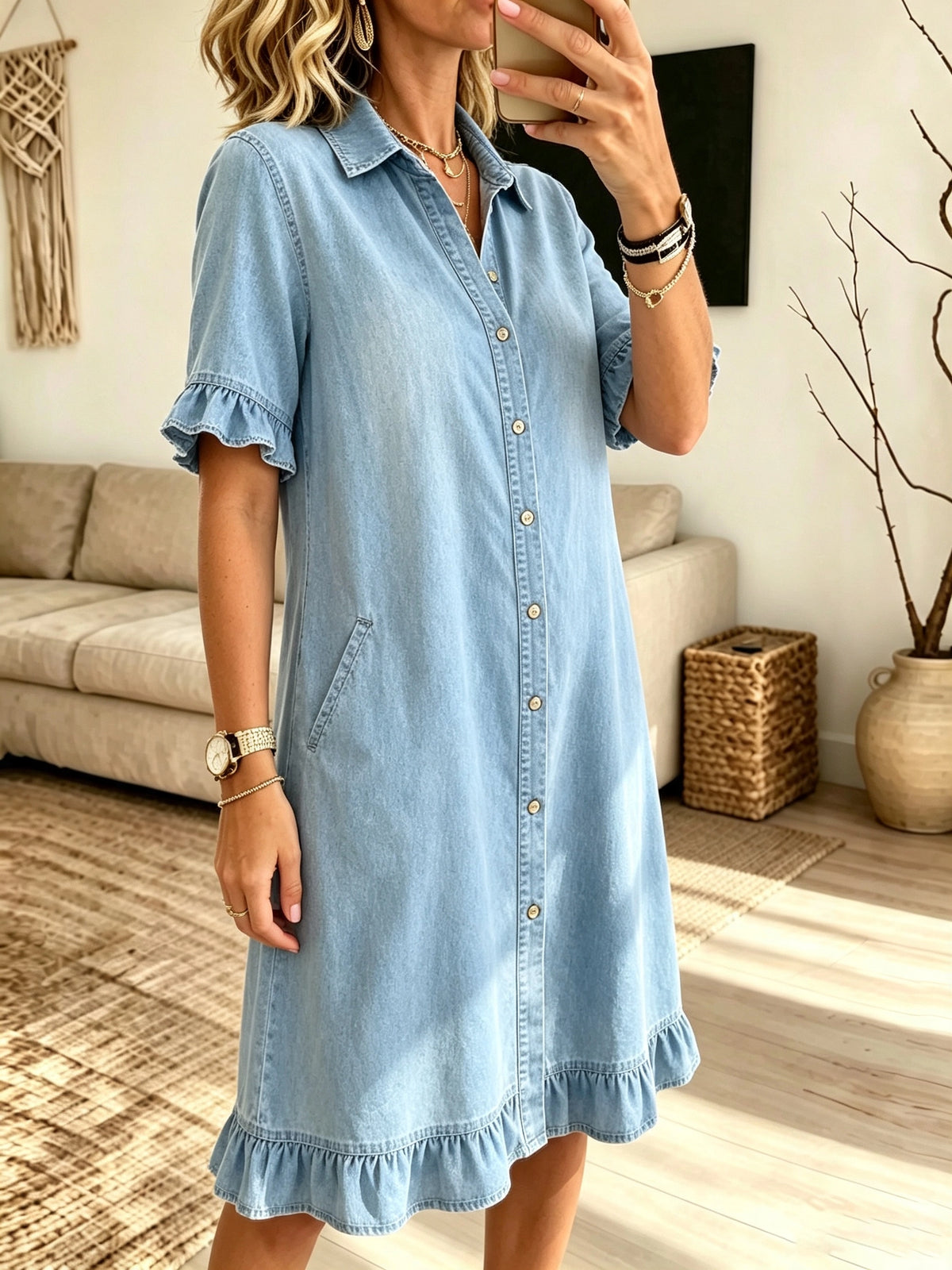 Women's Crochet Cutout Shirt Dress