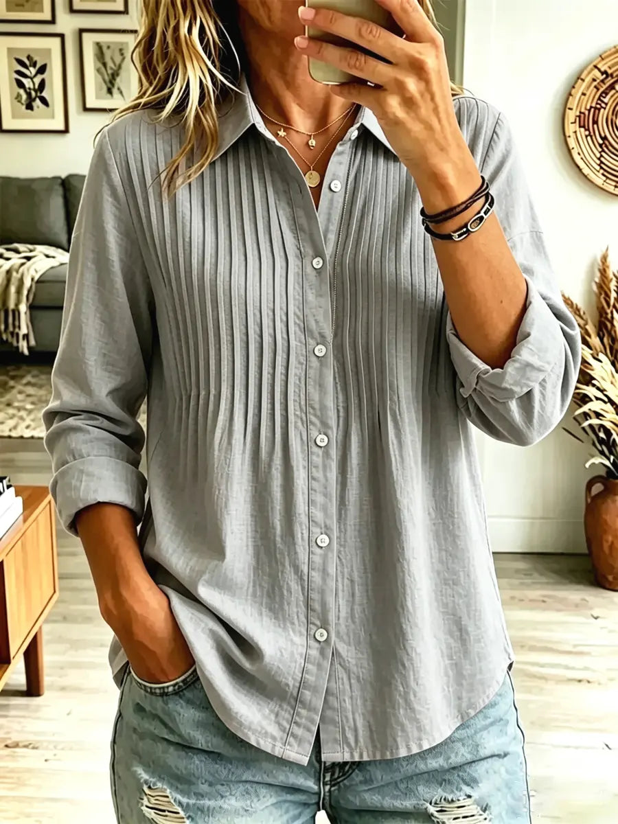 Solid Color Lapel Art Button Casual Long Sleeve Cotton Linen Shirt