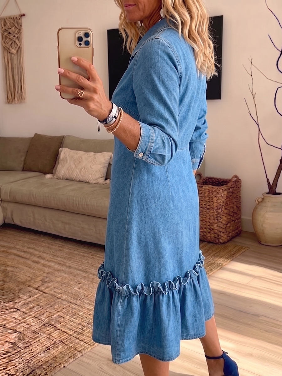 Vintage Elegant Denim Patchwork Trim Ruffle Dress