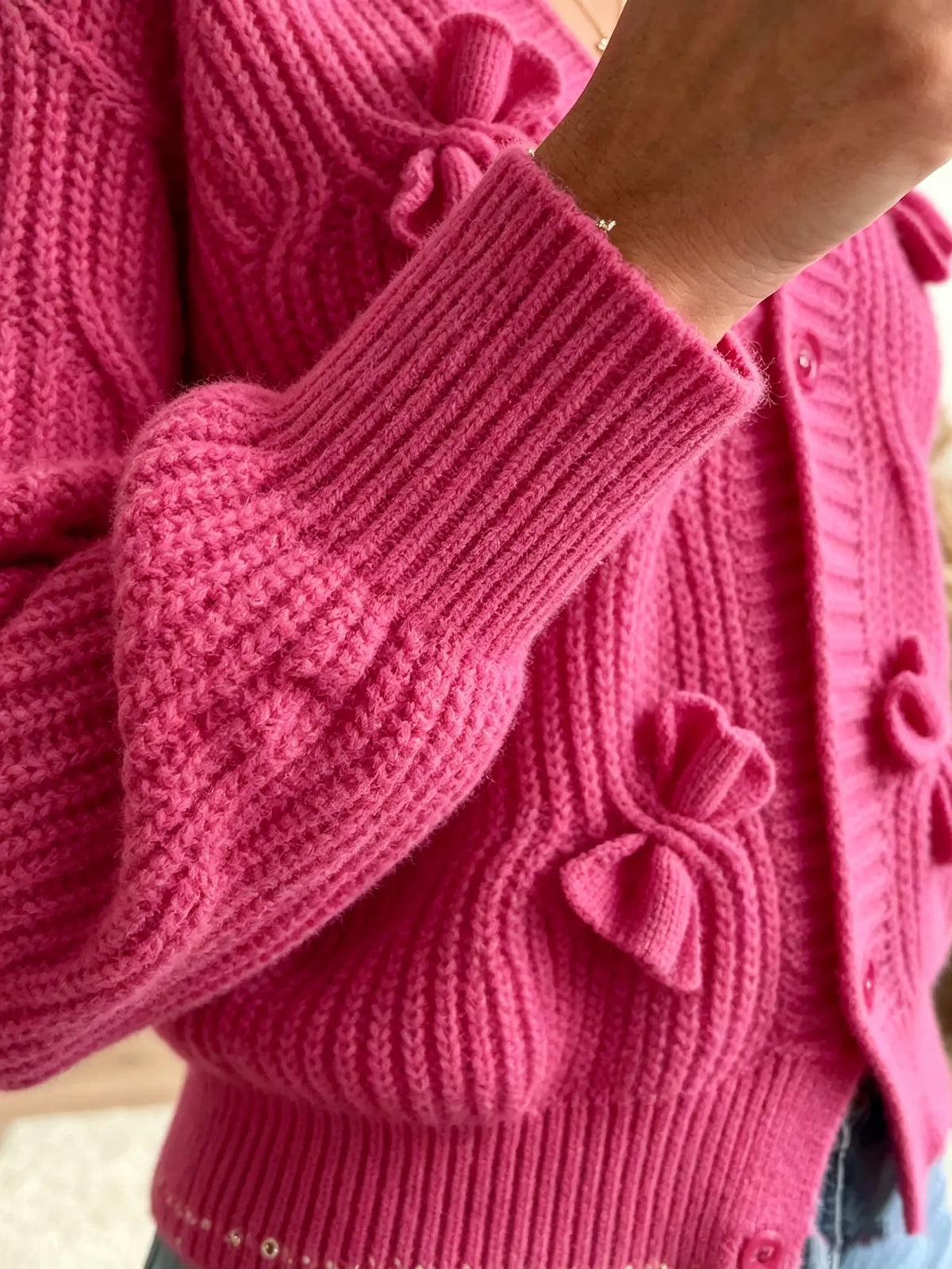 Women's 3D Bow Accent Cable Knit Cardigan