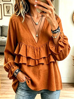 Women V‑Neck Double Ruffle Flounce Long Puff Sleeve Blouse Top