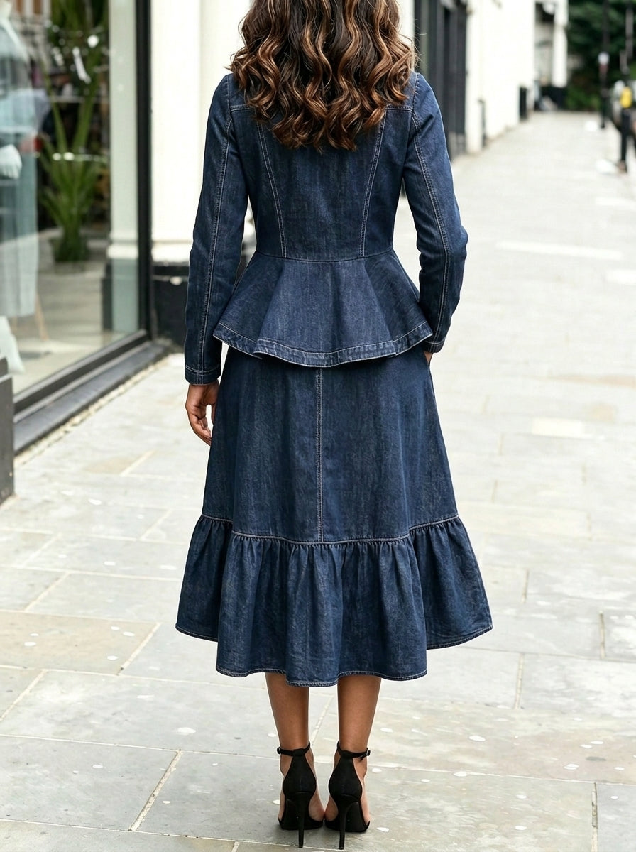 Women Heart‑Stitched Peplum Denim Midi Dress Zip Long Sleeve Ruffled High‑Low Hem Dress With Pockets