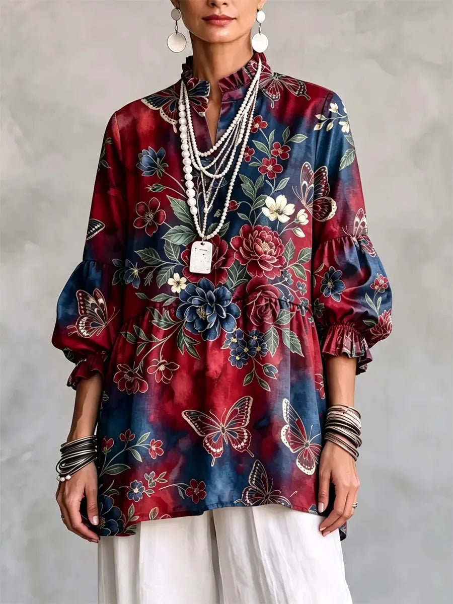 Retro Floral Butterfly Art Pattern Print Ruffle Casual Stylish Cotton Linen Shirt