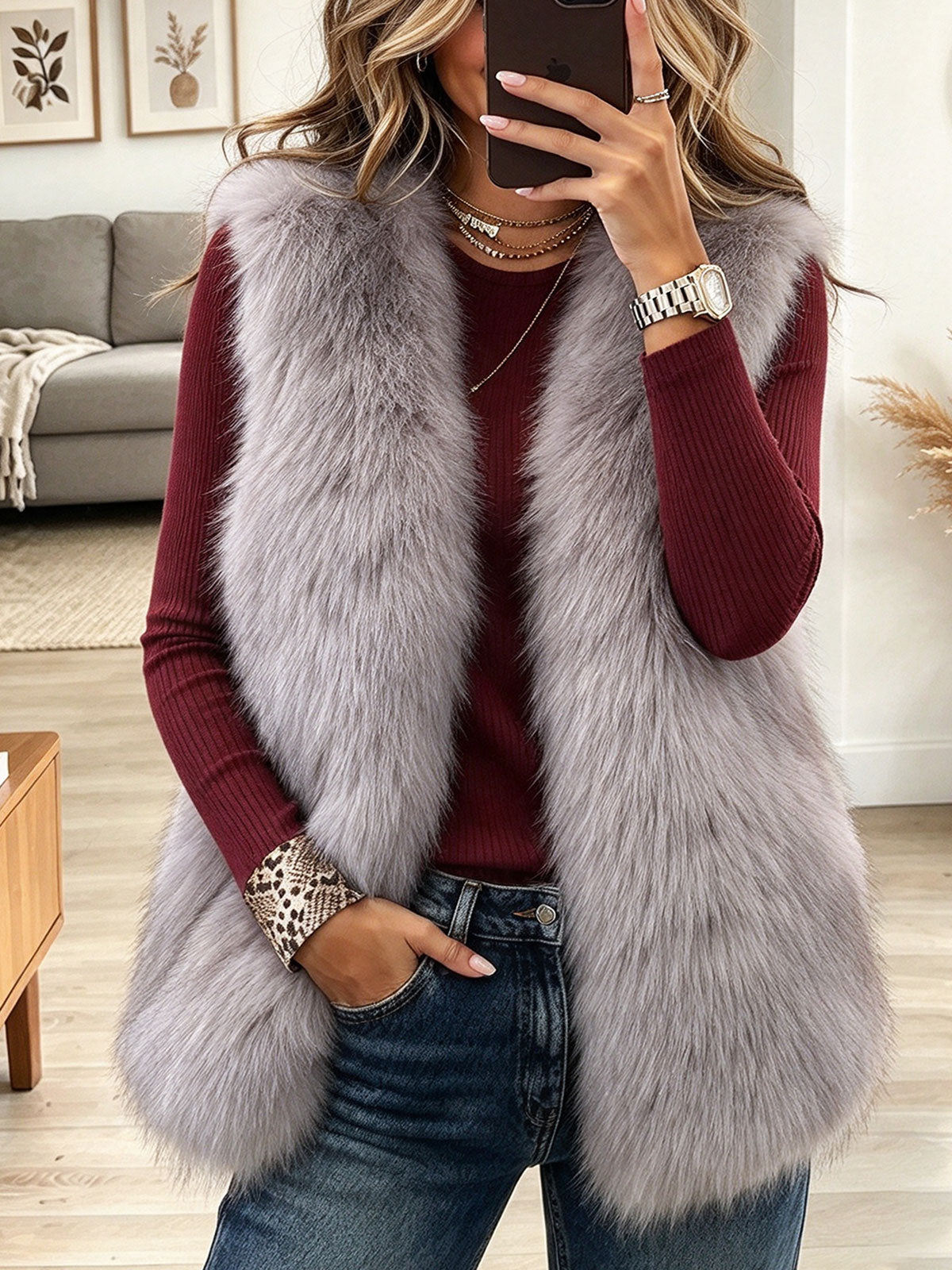 Women's Grey Fux Fur Vest Layered Over Burgundy Ribbed Knit Long Sleeve Top