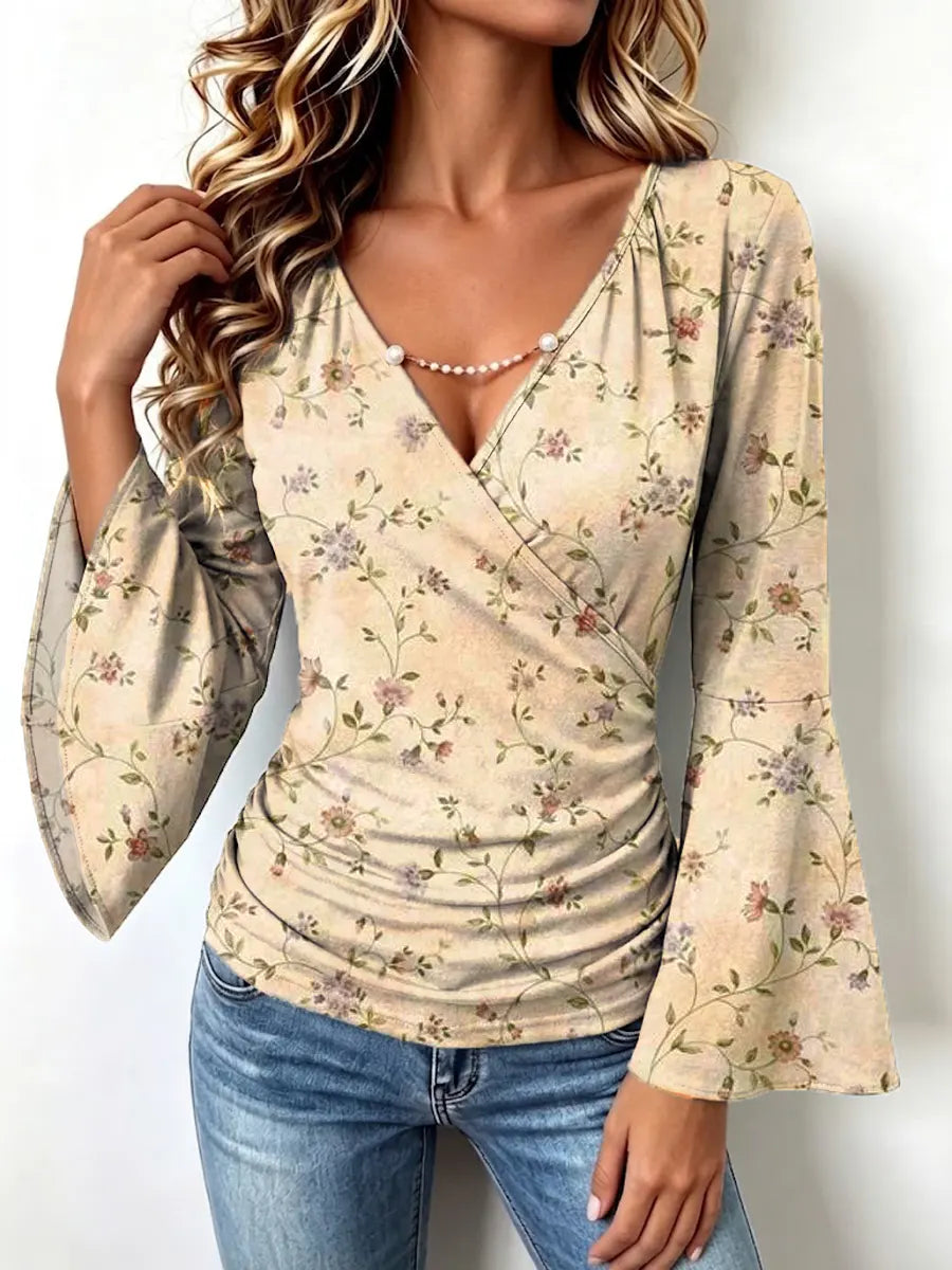 Retro Floral Pattern Art Print Casual Stylish Cotton V Collar Shirt