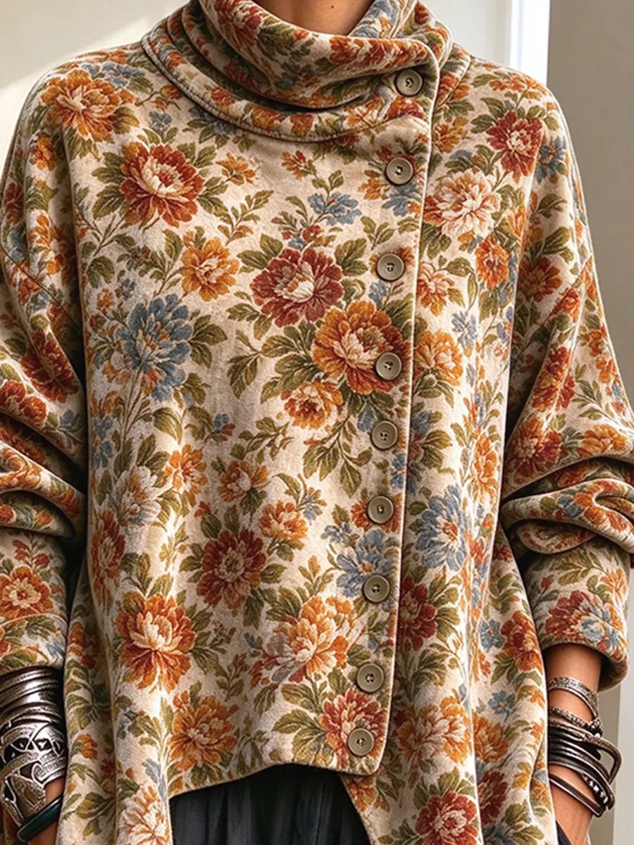 Retro Floral Pattern Art Print Casual Button Stylish Long Sleeve Coat