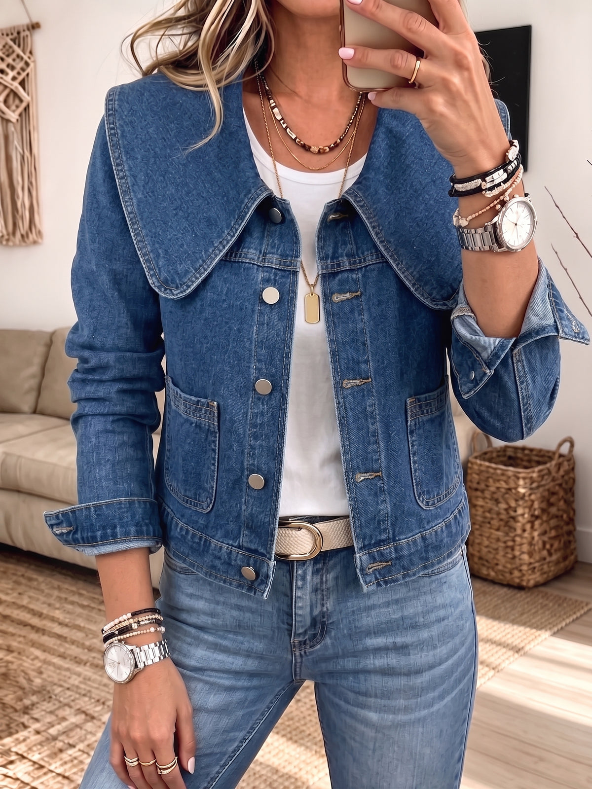 Women Big Peter‑Pan Collar Denim Jacket Button Front Pockets CasualJean Coat