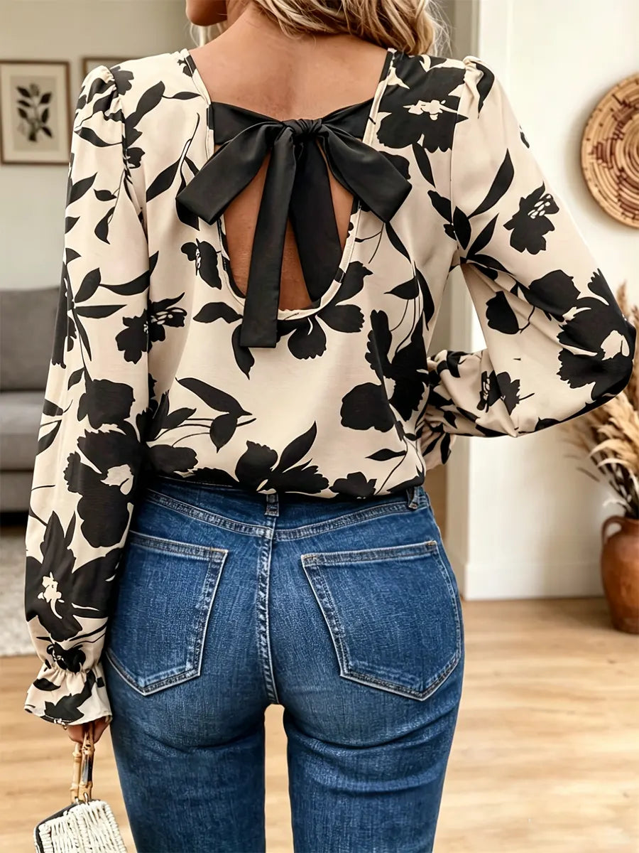 Retro Floral Pattern Art Casual Stylish Bow Long Sleeve Shirt