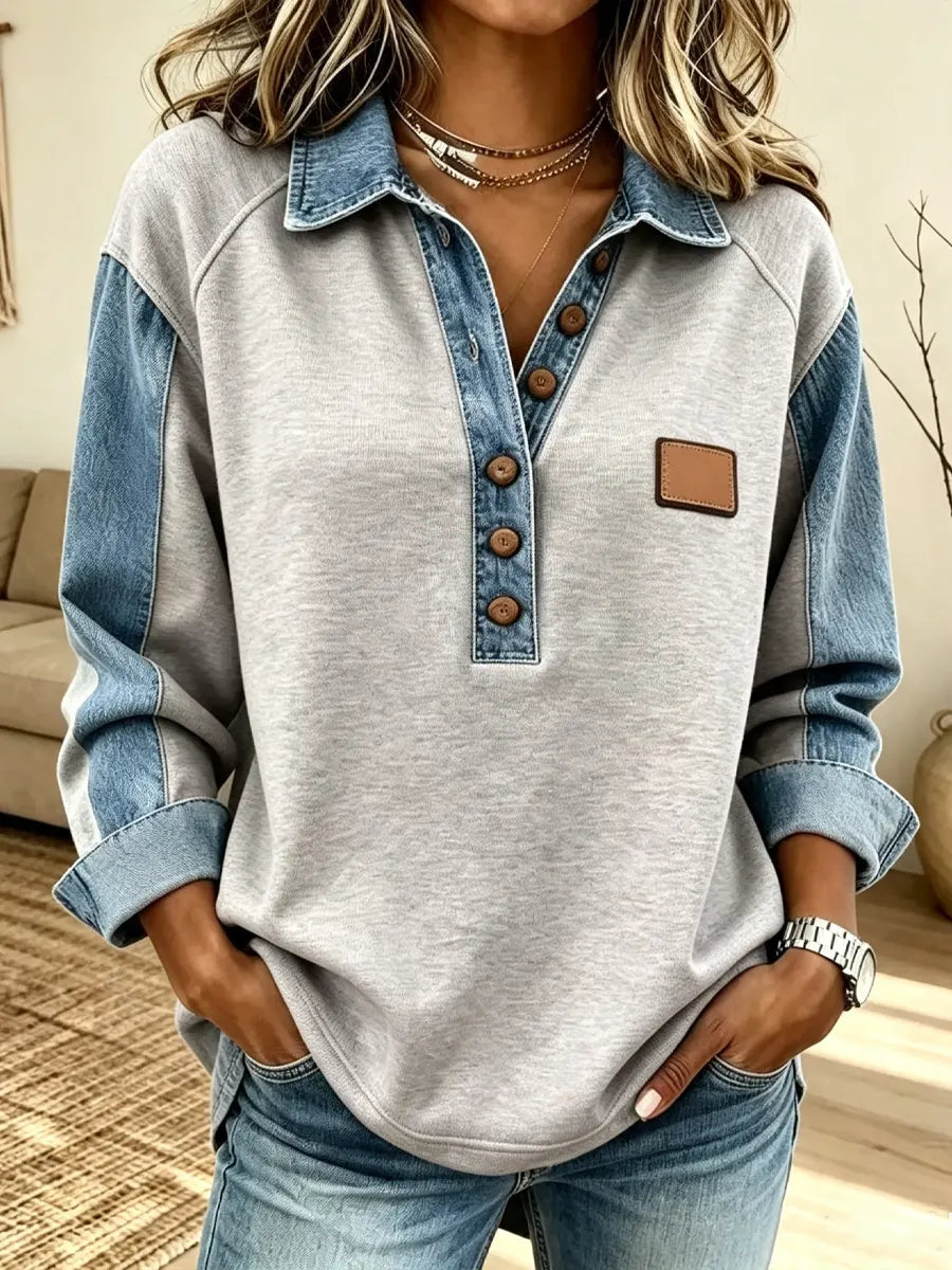 Retro Chic Art Long Sleeve Casual Stylish Denim Patchwork Shirt