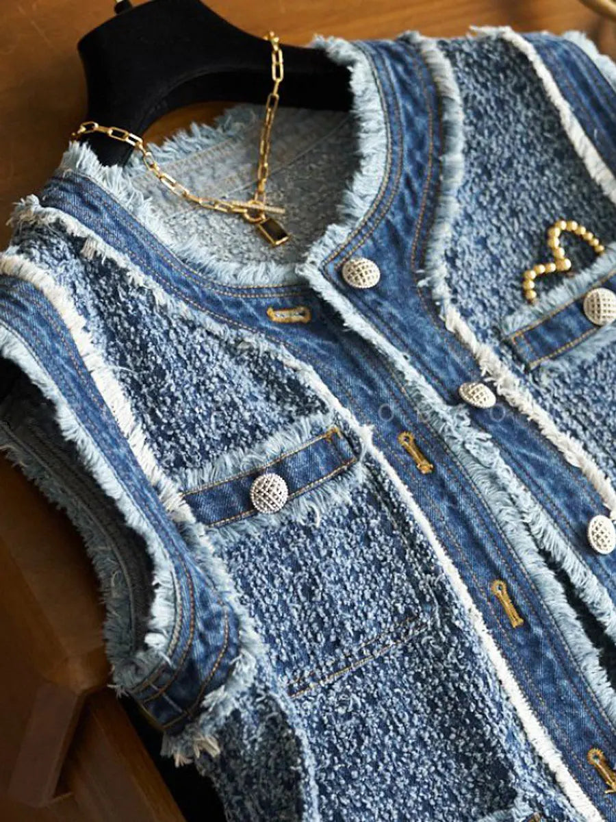 Retro Elegant Chic Denim Patchwork Art Casual Stylish Vest Coat
