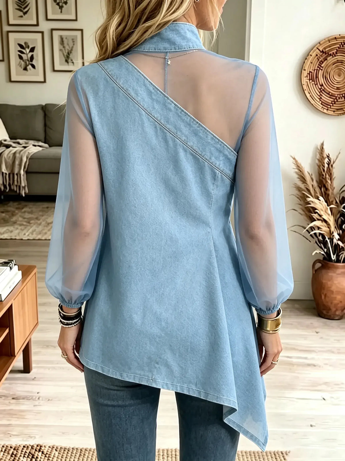 Women's Asymmetrical Sheer Sleeve Denim Top
