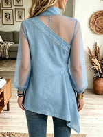 Women's Asymmetrical Sheer Sleeve Denim Top