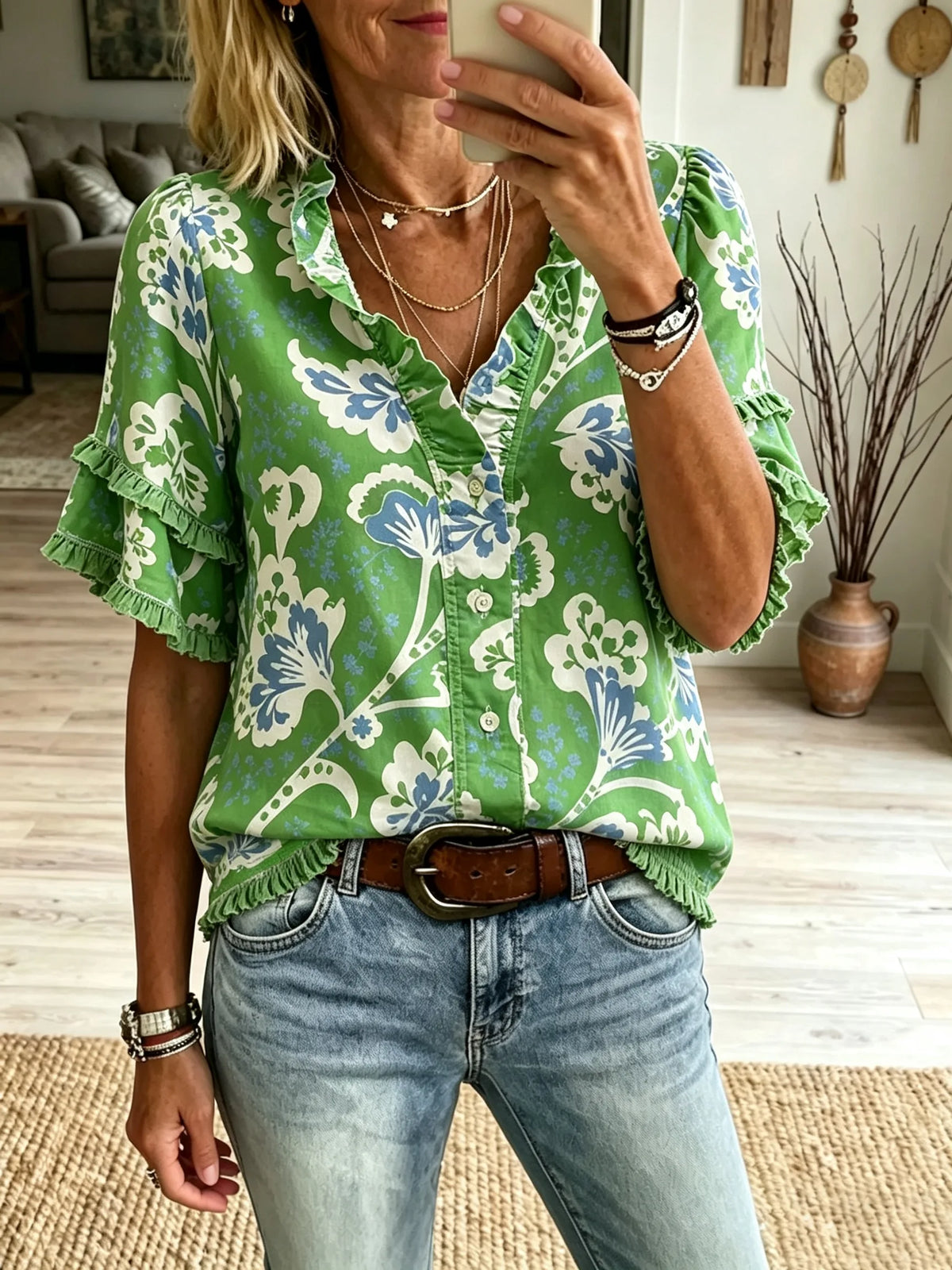 Women's Green Vintage Floral Print Ruffle Short Sleeve Blouse