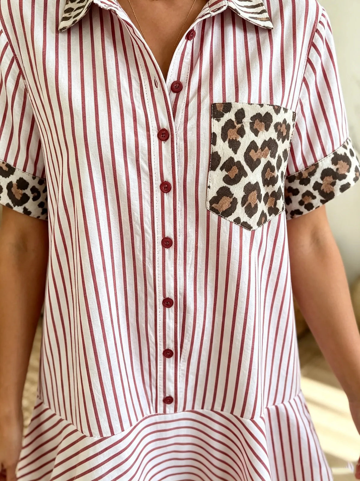 Women's Striped Leopard Pocket Shirt Dress