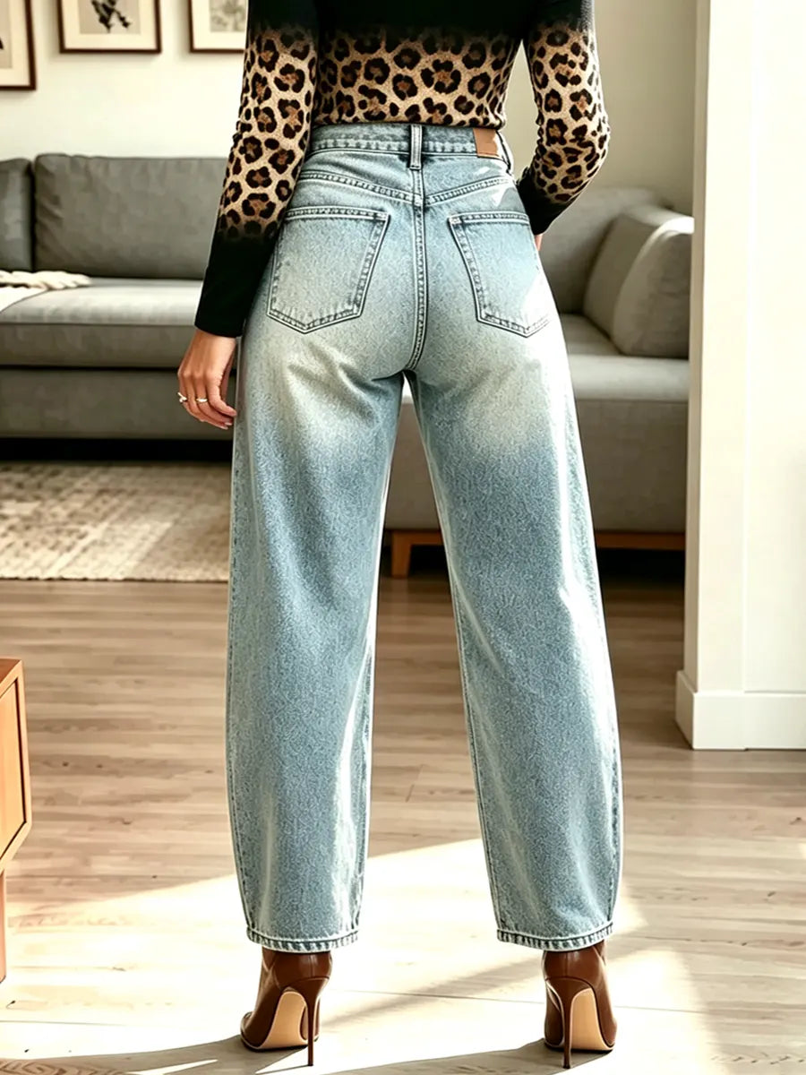 Retro Chic Leopard Art Casual Stylish High Waist Denim Pants