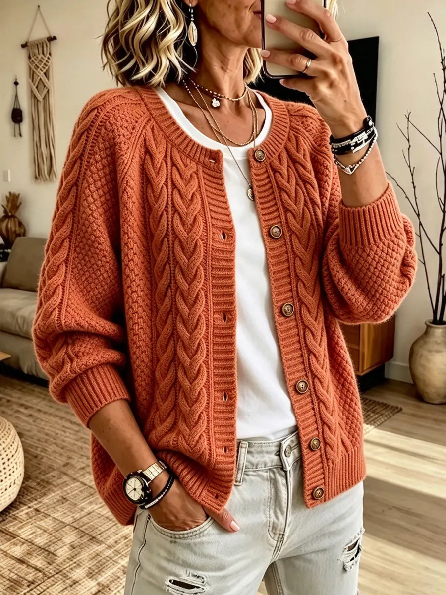 Retro Cozy Art Casual Cable Knit Stylish Long Sleeve Cardigan Sweater