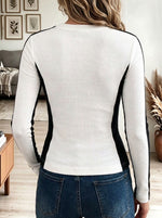 Women's White Ribbed Knit Long Sleeve Top with Contrast Black Side Paneling