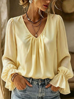 Solid Color Ruffle V Collar Art Stylish Casual Long Sleeve Shirt