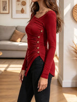 Retro Asymmetrical Neckline Art Casual Stylish Long Sleeve Top
