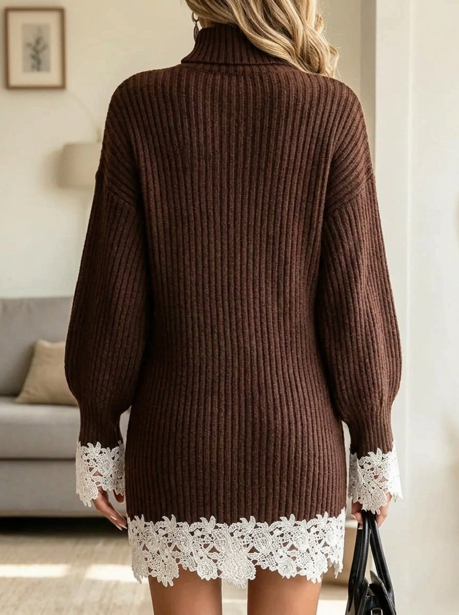 Women's Crochet Lace Trim Turtleneck Sweater Dress
