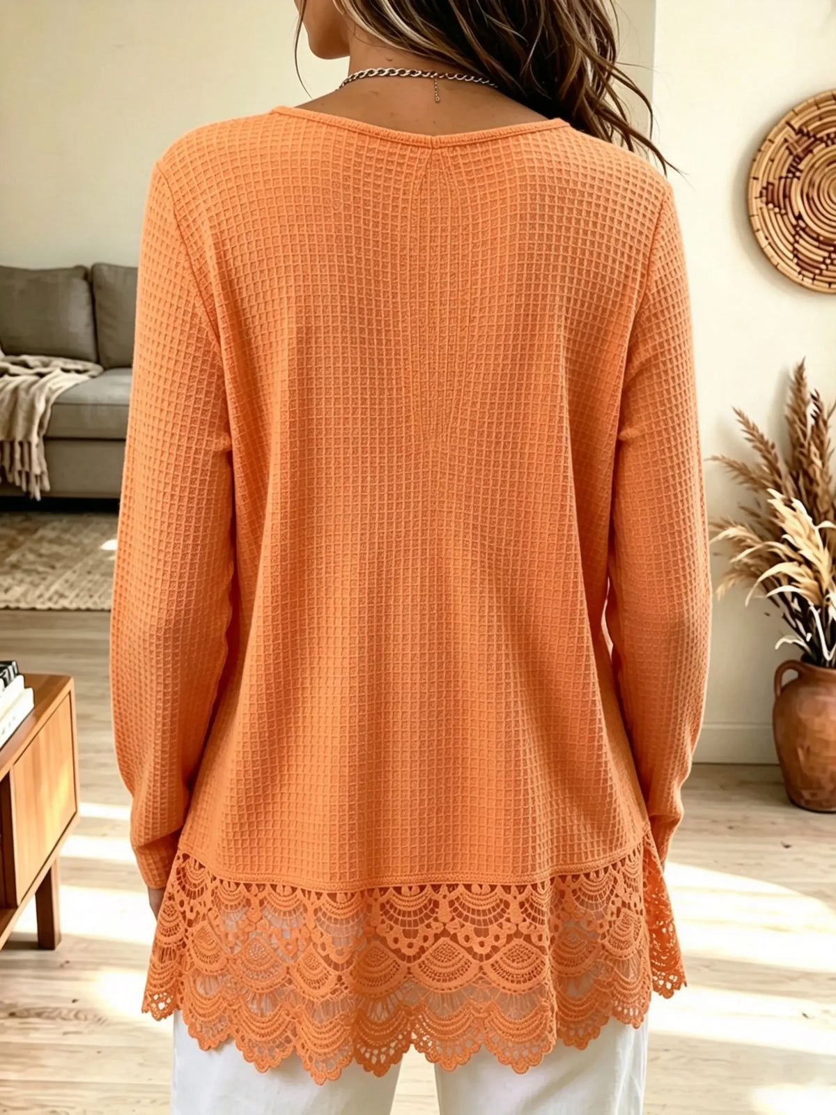 Women's Split Neck Crochet Hem Tunic Top