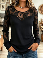 Women's Black Ribbed Knit Long Sleeve Top with Sheer Floral Lace Yoke
