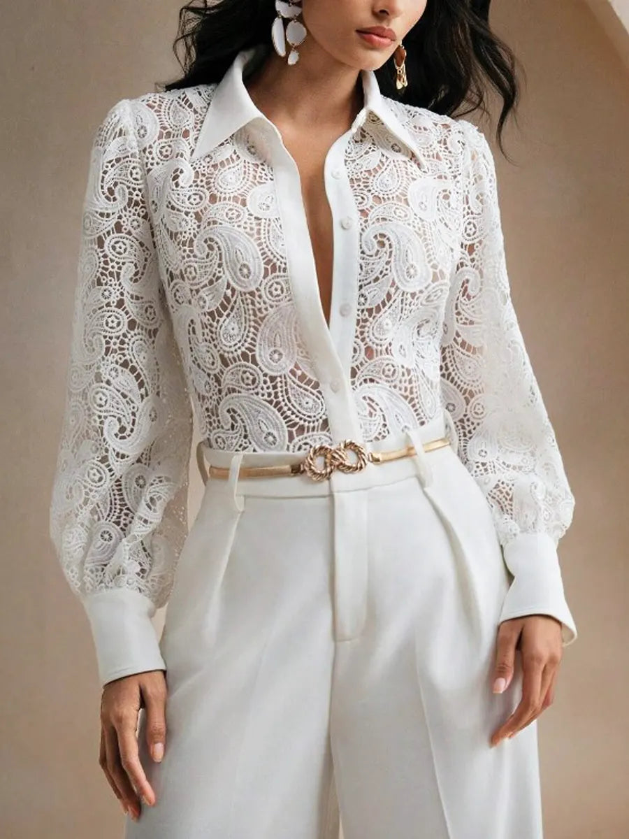 Retro Elegant Floral Lace Hollow Lapel Art Casual Stylish Long Sleeve Shirt