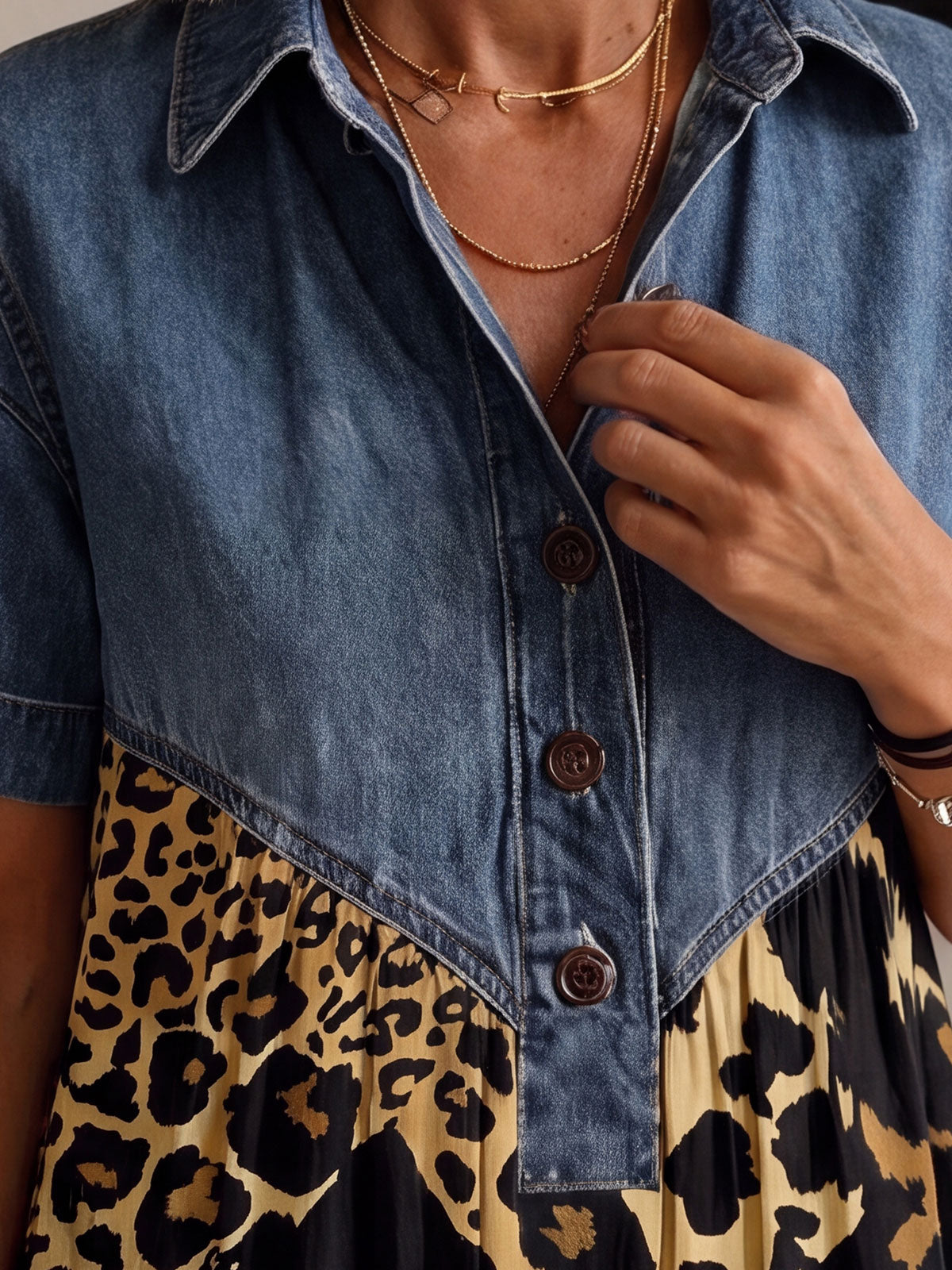 Women’s Denim Spliced Mixed Animal Print Loose Midi Dress With Pockets