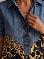 Women’s Denim Spliced Mixed Animal Print Loose Midi Dress With Pockets