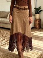 Women's Western Two-Tone Fringe Suede Midi Skirt