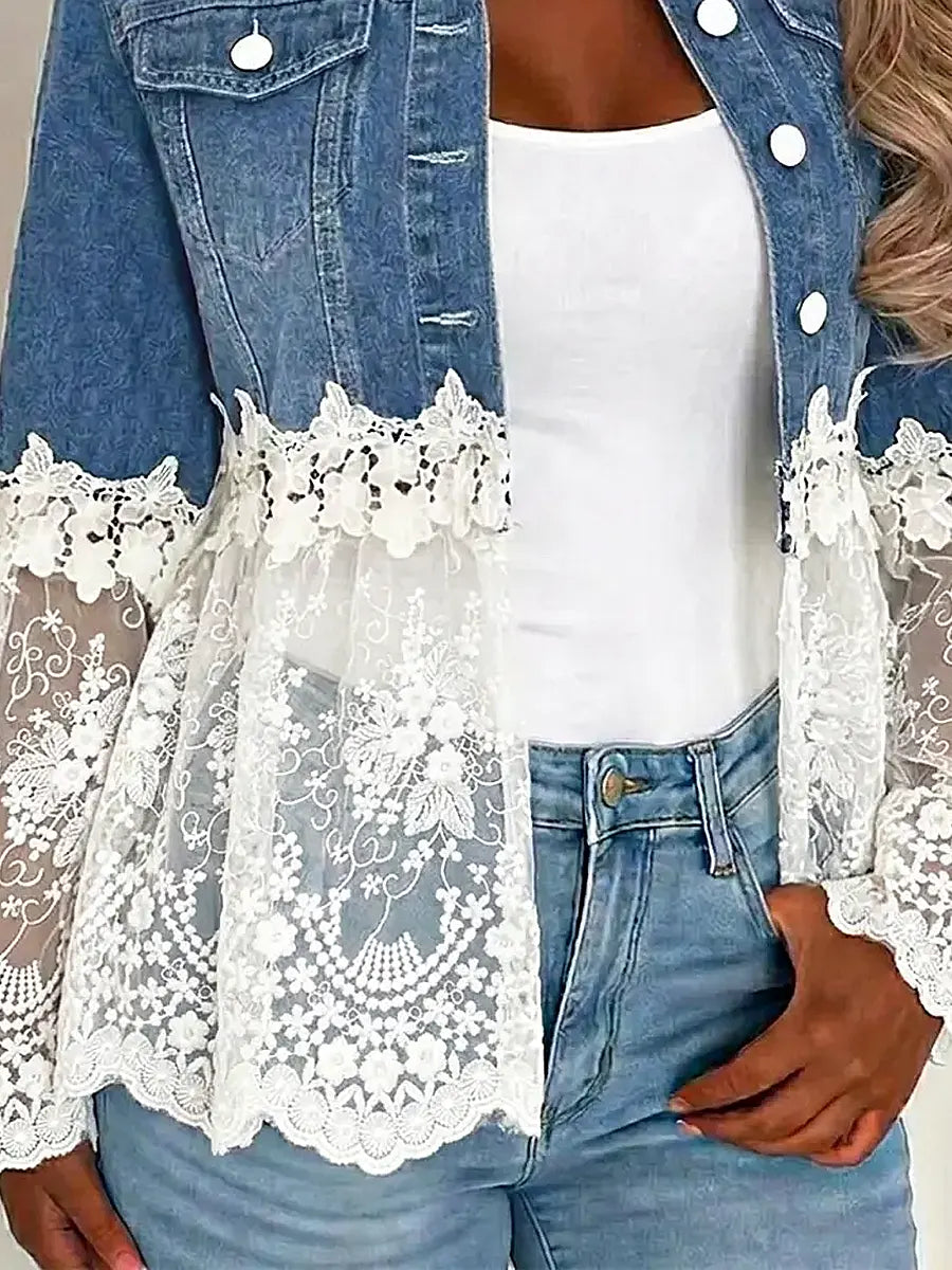 Retro Floral Lace Patchwork Casual Stylish Long Sleeve Denim Lapel Coat