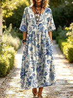 Women's Floral Pattern Art Print Casual Short Sleeve Linen Dress