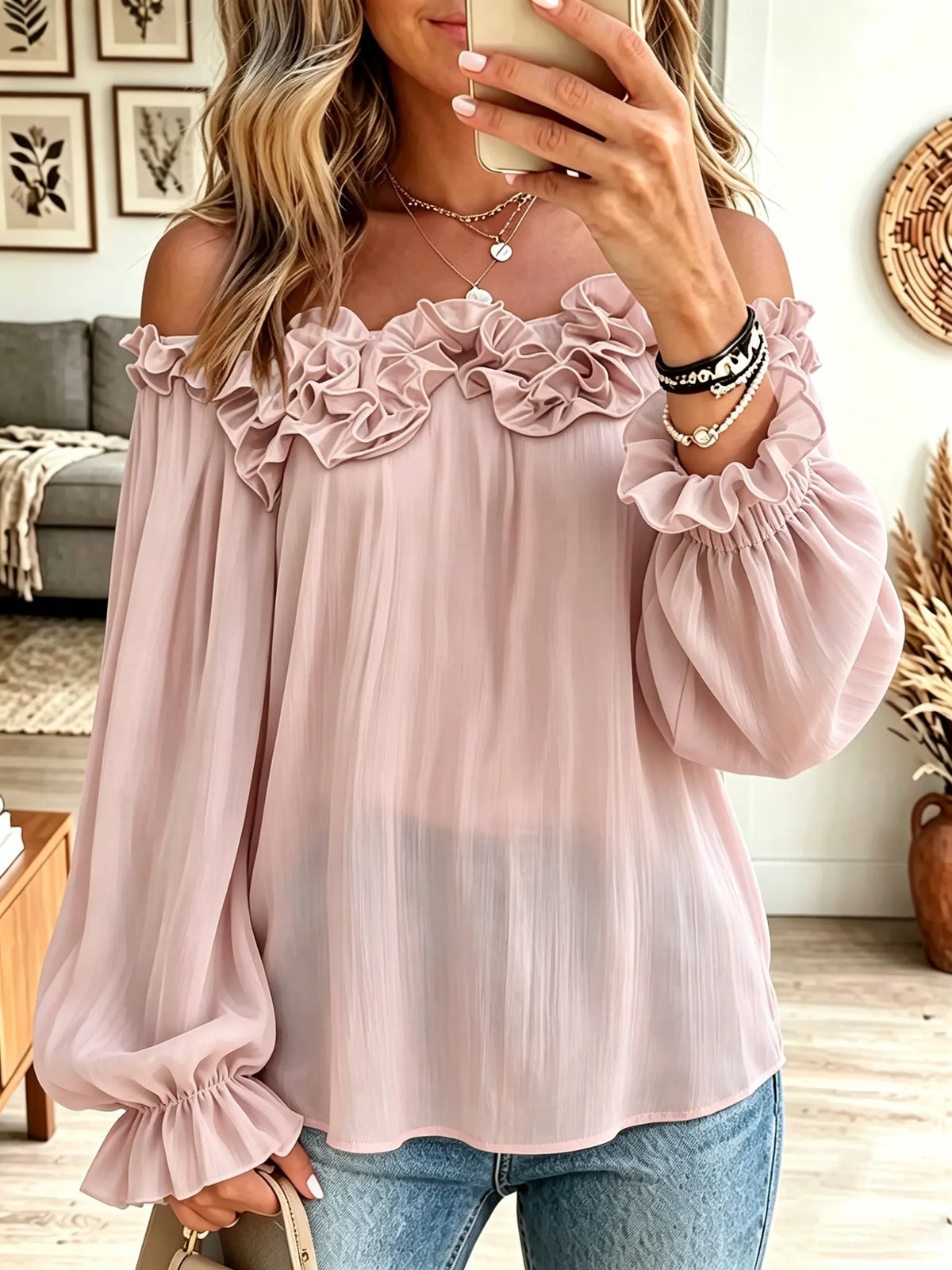 Women's Ruffled Off-the-Shoulder Chiffon Blouse