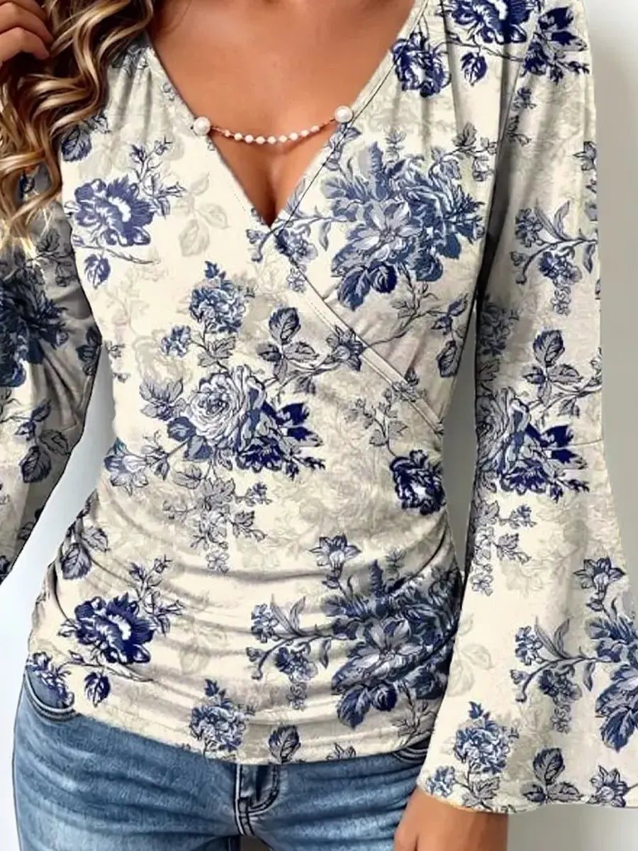 Retro Floral Pattern Art Print Casual Stylish Cotton V Collar Shirt