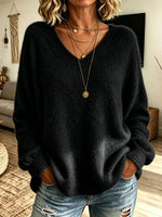 Women V‑Neck Fuzzy Plush Oversized Long Sleeve Knit Sweater