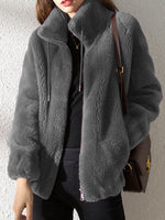 Women Fuzzy Fleece Zip‑Up Stand Collar Jacket, Casual Drawstring Plush Outerwear