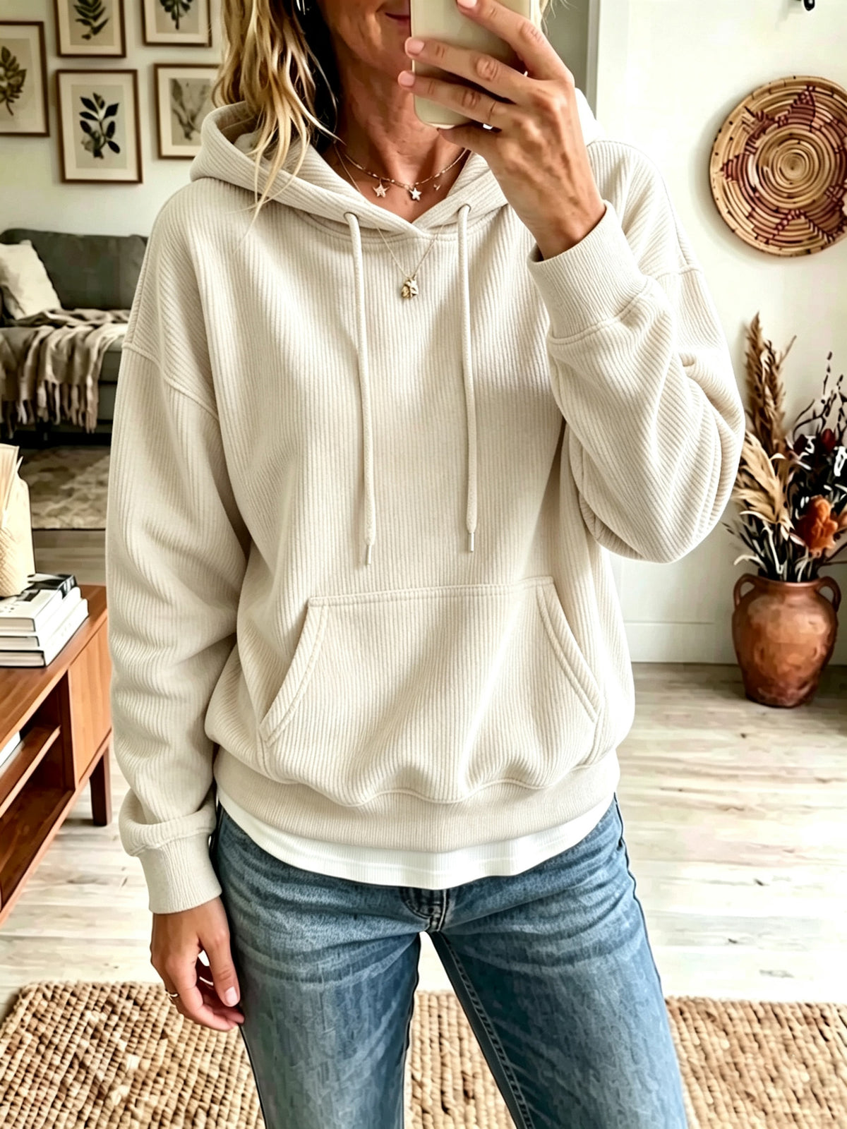 Women Corduroy Drawstring Hoodie, Casual Pocket Long Sleeve Sweatshirt