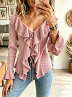 Women's Ruffled Tie-Front Ribbed Knit Cardigan