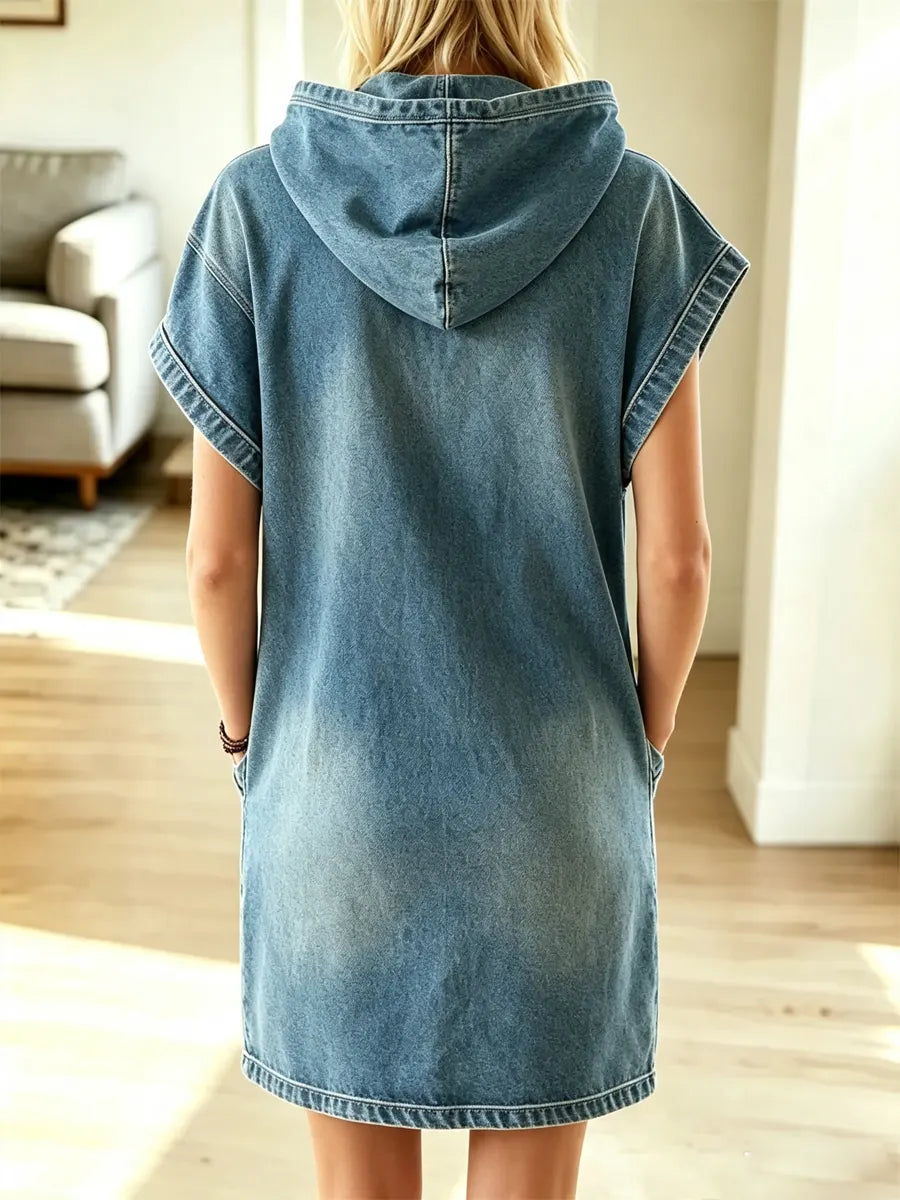 Retro Hooded Art Casual Stylish Short Sleeve Denim Mini Dress