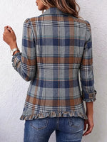 Retro Plaid Pattern Art Print Ruffle Casual Stylish Cotton Lapel Coat