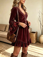 Women's Velvet Embroidered Bell Sleeve Mini Dress