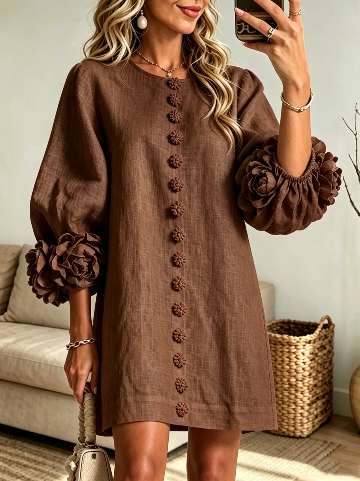 Women's 3D Floral Accent Button-Down Linen Mini Dress