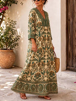 Retro Floral Pattern Art Print Casual V-neck Cotton Linen Maxi Dress